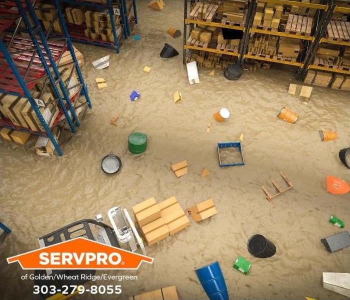 Water floods a warehouse.